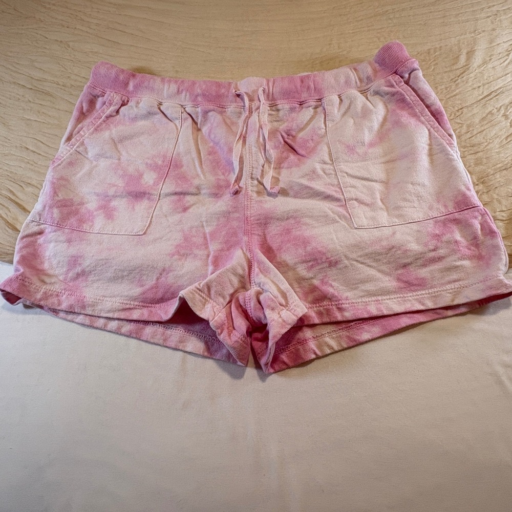 Lucky Brand LA Womens Pink Tie Dye Drawstring Lounge Shorts Soft Knit Cozy Sz M